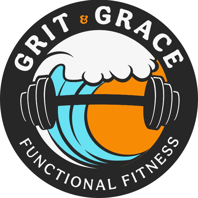 Logo featuring a barbell with waves and a sun, labelled "Grit & Grace Functional Fitness."